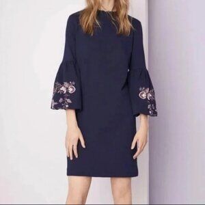 Ann Taylor LOFT Womens Large Petite Floral Embroidered Balloon Sleeve Blue Dress